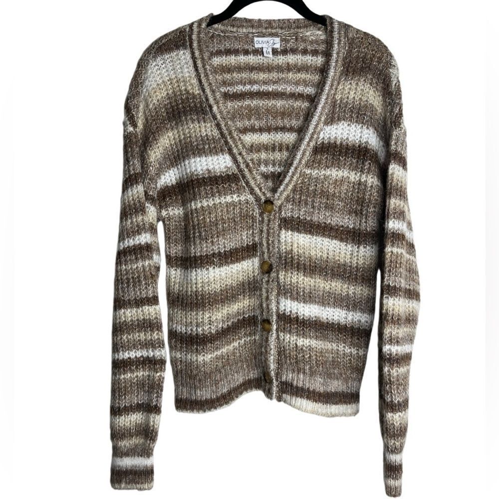 Olivia Sky Striped Button Down Knit Cardigan White and Brown Size small